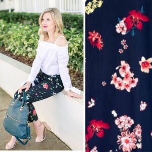 Romantic Floral Dress Pants Ankle Length Trouser Navy Pink Red Womens Size 12